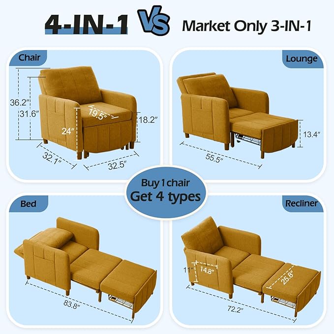 Sleeper Chair 84 Extra Long Convertible Chair Bed Upgraded 3-in-1 to 4-in-1 Pull Out Chair &amp Single Sofa Bed for Adult Sleeping Chairs for Living Room &amp Small Space