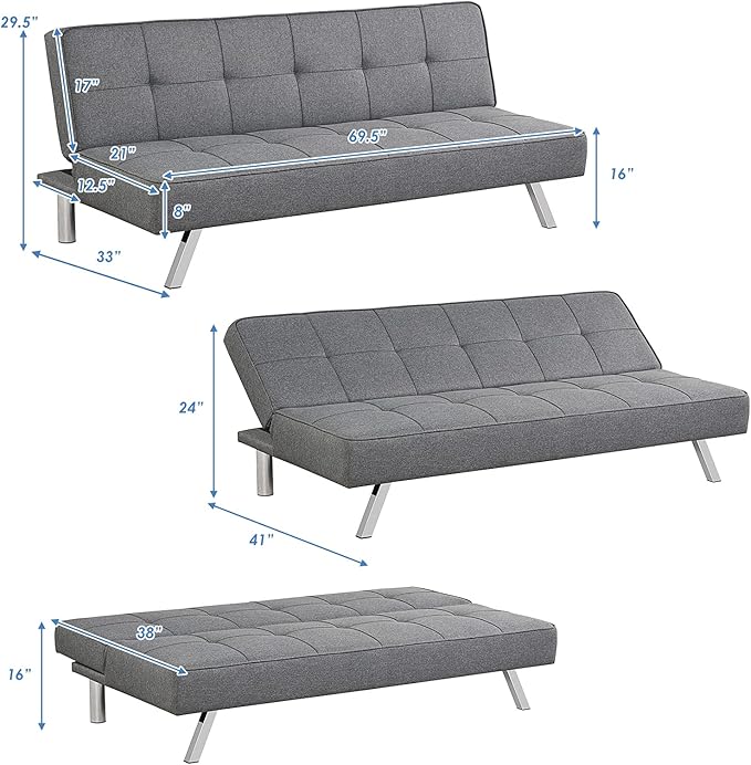 POWERSTONE Convertible Futon Sofa Bed Linen Small Couch Fabric Folding Sleeper Sofa for Living Room Furniture Set with Chrome Legs Gray