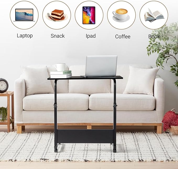Karl home Small Side Mobile Table 23.6 inch Computer Desk with Wheels Height Adjustable Rolling Potable Laptop Cart C-Shaped Bed Couch End Tables with Edge Stopper for Living Room Bedroom Black