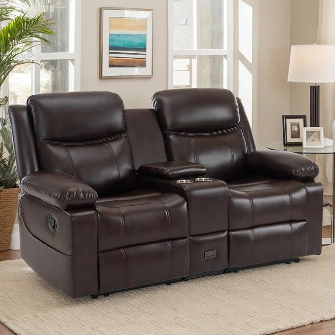 Loveseat Recliner Sofa with Massage &amp Heating Reclining Loveseat with Console RV Wall Hugger Double Loveseat Recliner Couch for Living Room &amp Home Theater (Brown)