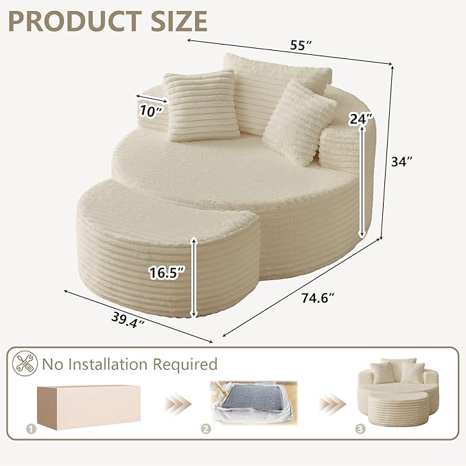 Oversized Round Chaise Lounge Chair Indoor with Ottoman Modern Upholstered Corduroy Circle Couch with Pillows Boneless Round Chairs for Living Room Apartroom No Assembly Required White
