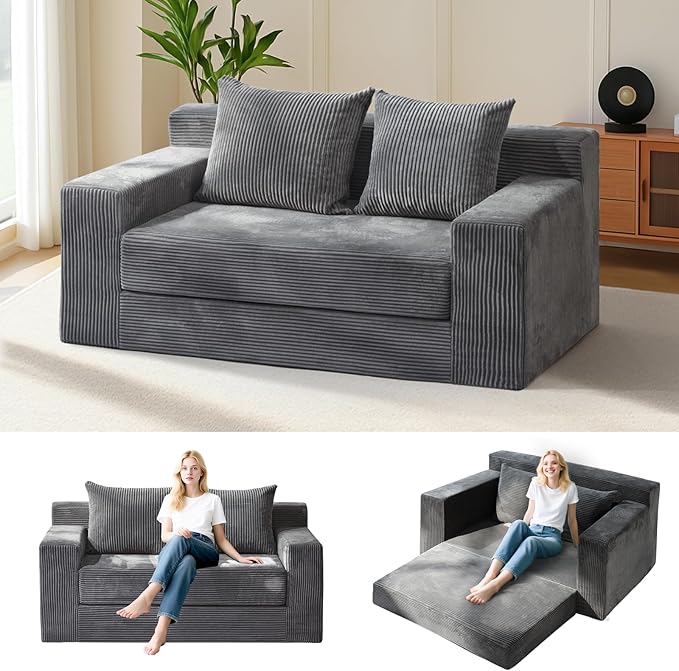 Convertible Sofa Bed Boneless Couch Loveseat Sleeper 2 in 1 Folding Couch Bed Fold Out Comfy Floor Futon Sofa with Pillows for Living Room Bedroom Grey