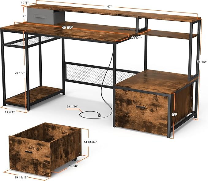 Home Office Desks with Drawers 66'' Computer Desk with Storage Office Desk with Monitor Stand Work Desk with Outlets and USB Gaming Table Desk with File Cabinet for Home Office Table Brown
