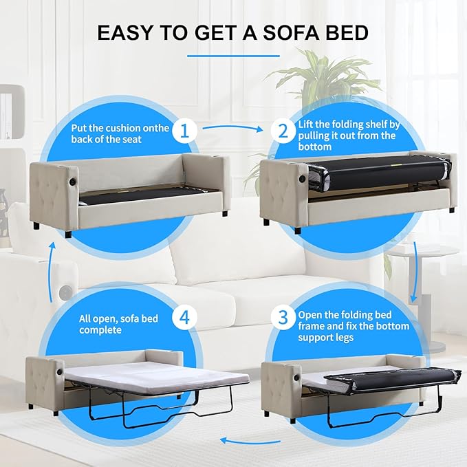 PUREMIND Queen Pull Out Sofa Bed 2-in-1 Velvet Sleeper Sofa with USB &amp Cup Holders 67 Sleeper Loveseat Couch Bed with Folding Mattress Pull Out Couch for Living Room Small Spaces Beige