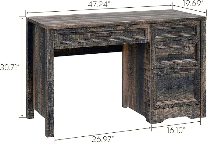 Vabches Farmhouse Executive Desk with Storage and Ample File Drawer Rustic Large Home Writing Desk for Bedroom Dark Oak