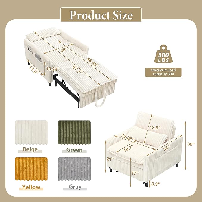 TTK 3-in-1 Convertible Corduroy Sleeper Chair – Plush Pull-Out Sofa Bed with Adjustable Backrest Compact Recliner Lounge Chair with 360° Rotating Side Table Perfect for Small Spaces Beige