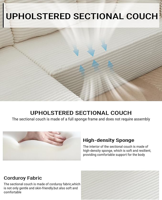 Boneless Couch for Living Room 104 Inch Cloud sectional Couch with Deep Seat Corduroy Modular Sectional Sofa with L-Shape Chaise No Assembly Required (White Left Facing Chaise)