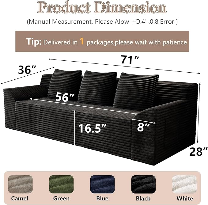 71 Cloud Corduroy Loveseat Couch in a Box Memory Foam Compressed Boneless Sofa with 3 Pillows &amp Side Pockets Couch for Living Room Bedroom Apartment No Assembly Required Black