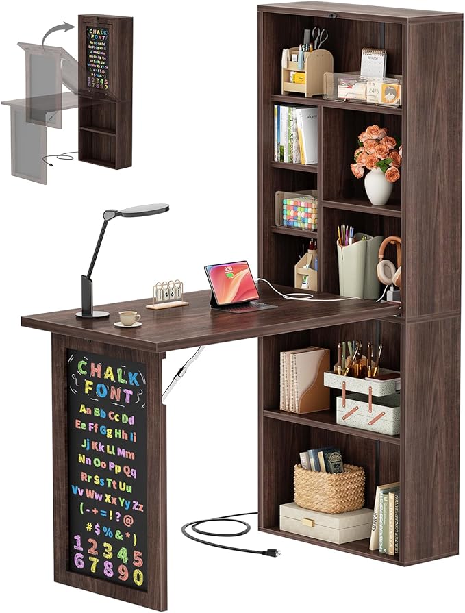Armocity Small Folding Desk with Outlets Convertible Writing Desk for Small Spaces/Home Office/Craft Room Multi-Function Desk Workstation with Blackboard Fold-Out Cabinet Table Black Walnut