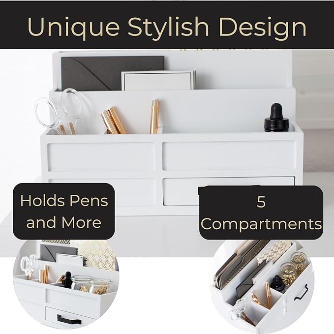BLU MONACO | White Desktop Organizer with Drawer Storage | Tabletop Organizer with Drawers for Paper Bills Mail | Wooden Mail Organizer for Countertop Workspace | with Drawer Bill
