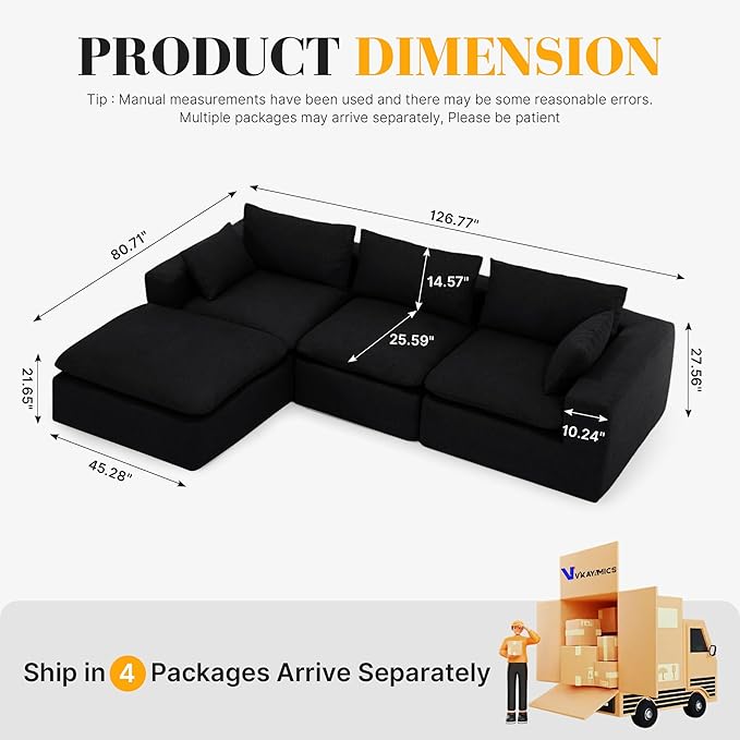 127 Oversized L Shaped Modular Sectional Cloud Couch High Back Boneless Sofa with Deep Seat Upholstered Chenille Fabric No Assembly Required for Living Room