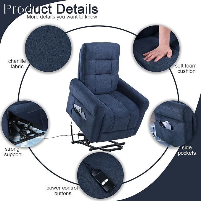 Power Lift Recliner Chair Electric Power Lift Recliner Chair for Elderly Single Seat Chenille Reclining Sofa with Side Pocket for Bedroom Living Room Office (Blue)