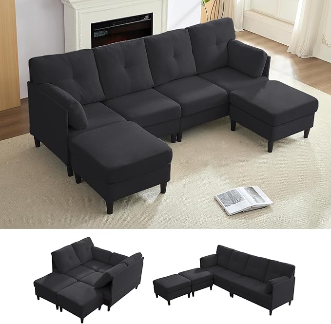 PUREMIND Sectional Couches for Living Room Modern Snow Velvet U-Shaped Sofa Couch with Double Chaise Upholstered 4 Seater Sofa with Double Chaise for Living Room Apartment Office Dark Grey