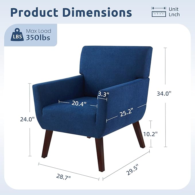 Upholstered Accent ChairMid Century Modern Office Fabric Small Living Room Chair with ArmComfy Wingback Armchair for Bedroom Reading Dark Blue