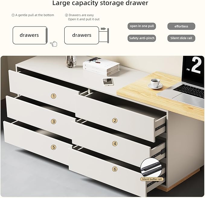 Modern Expandable L-Shaped Corner Vanity Desk with 6 Drawers Adjustable Computer Table for Home Office Study Writing Gaming and Bedroom Makeup Beige 56-98.5 ″