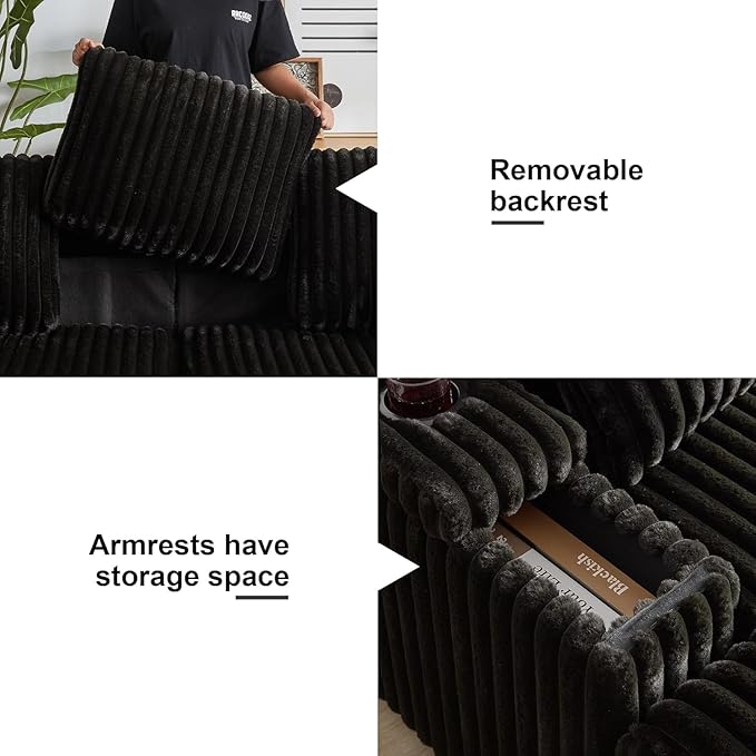 84Inch Corduroy 3-Seater Sofa with 3 Back Pillows2 toss Pillows a Ottoman2storage Spaces and Cup-Holding Grooves Comfy Sofa- Deep Seat Couch for Living RoomBlack