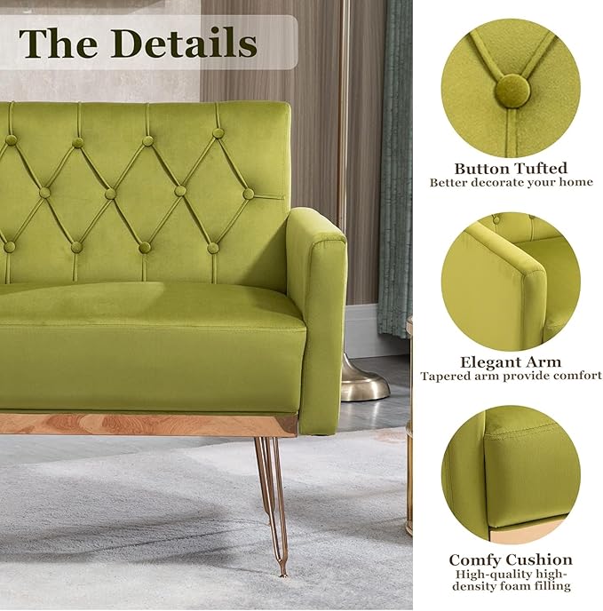Olela Velvet Accent Chair with Arm for Living RoomModern Armchair Single Sofa Cozy Tufted Upholstered Reading Side Chairs with Gold Metal Leg for Bedroom Decorate(1 Sage Green)
