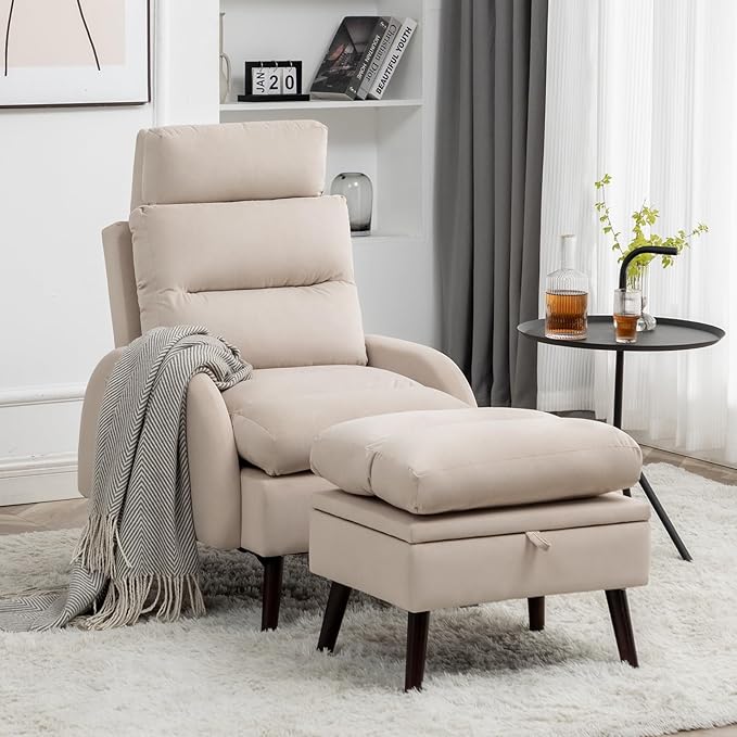 Accent Chair with Ottoman Comfy Reading Chair and Ottoman Set Modern Oversized Lounge Armchair with Adjustable Backrest for Living Room Bedroom Velvet Khaki