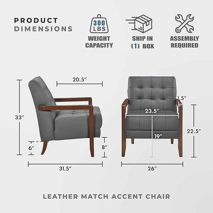 Lexicon Modern Accent Chair Luxury Genuine Leather Match Living Room Chair with Tufted Cushions Solid Wood Frame and Arm Rest Comfy Upholstered Single Seat for Bedroom/Reading/Office Dark Gray