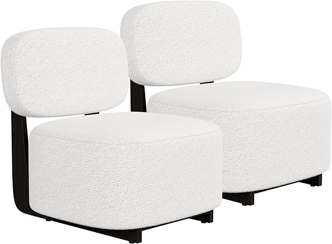 BELLEZE Modern Sherpa Accent Chair with Rubber Wood Base Upholstered Bouclé Soft Chair Low-Profile Single Sofa Chair with Flat Backrest Cozy Living Room or Bedroom Chair White