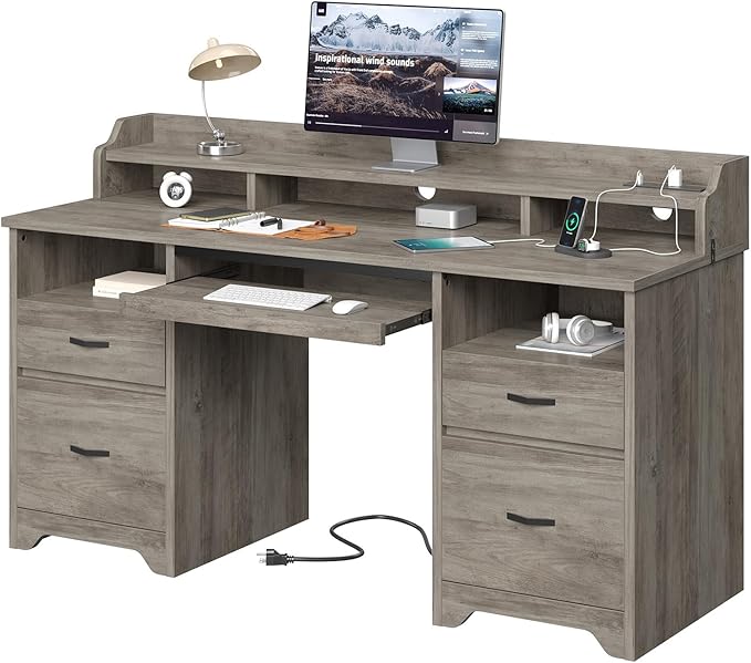 Bestier Farmhouse 59 Executive Desk with Drawers Wood Computer Desk with Charging Station Home Office Desk with Keyboard Tray &amp Monitor Stand Sturdy Pedestal Desk for Work Study Grey