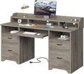 Bestier Farmhouse 59 Executive Desk with Drawers Wood Computer Desk with Charging Station Home Office Desk with Keyboard Tray &amp Monitor Stand Sturdy Pedestal Desk for Work Study Grey