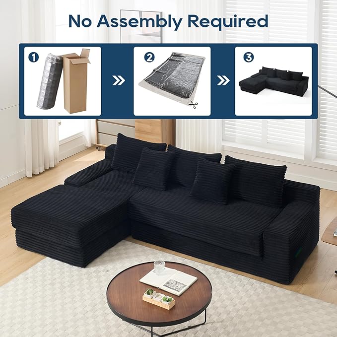 ‌104 3-Seater L-Shaped Modular Sectional Sofa with Chaise Convertible Sleeper Sofa Bed with Memory Foam &amp Floor Couch Comfy Corduroy Deep Seat Couch for Living Room No Assembly RequiredBlack