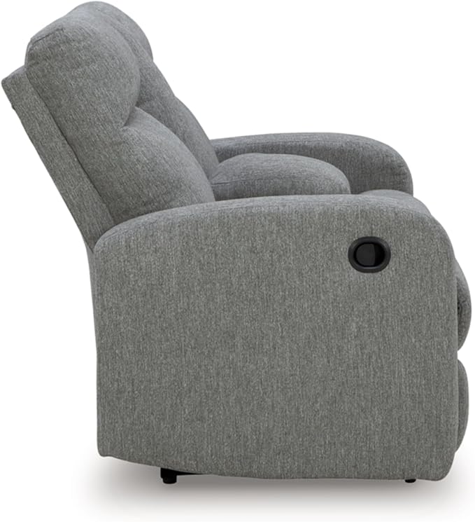 Signature Design by Ashley Carrigan Lane Classic Manual Pull Tab Dual Sided Reclining Loveseat with Console and Storage Gray