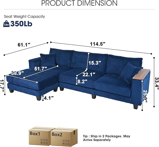 114.5” Corduroy Sectional Couch with 2 Pillows with Reversible Chaise Oversized Sofa L Shaped Couch with Two Armrests Hidden Storage Space Sectional Couches for Living Room Blue