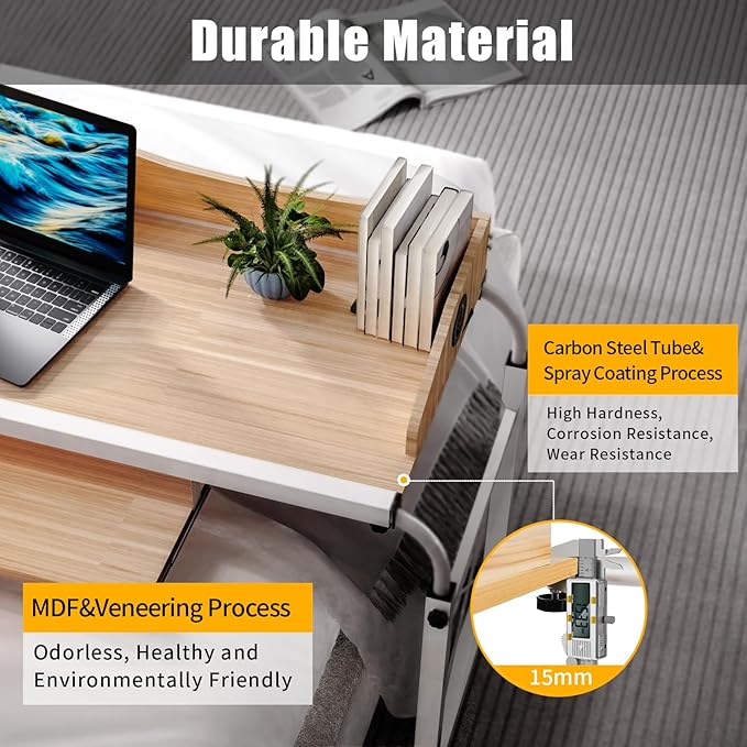 Mobile Stretchable DeskHeight&ampWidth Adjustable Laptop Desk with Wheels Storage Desk Home Office Computer Workstation Portable Rolling Table Laptop Cart for SittingWhite