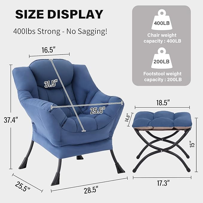 Tiita Lazy Chair with Ottoman Blue Modern Large Accent Chair Comfy Leisure Sofa Armchair with Ottoman Reading Chair with Footrest for Bedroom Living Room Dorm Rooms Blue