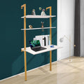 Wall Mounted Desk Computer Writing Table Wall Mount Ladder Small Computer Desktop 3Tier Computer Desk Storage Desk Cabinet with Power Strip for Home Office Student Dormitories (Gold White)