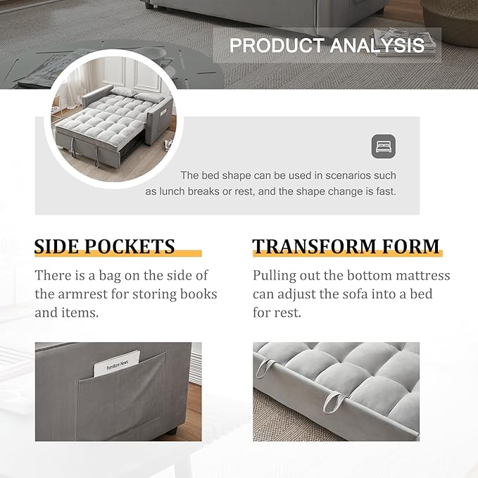 3-in-1 Loveseat Sleeper Sofa Modern 55.5 Pull Out Couch Velvet Upholstered Futon Sofa Bed with Adjustable Backrest Convertible Sofa Bed with Storage Pockets for Living Room(Light Grey)