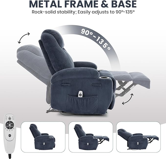 Electric Recliner Chair with Massage and Heat 135° Adjustable Corduroy Single Sofa for Living Room &amp Bedroom Cup Holders &amp Pockets(Blue)