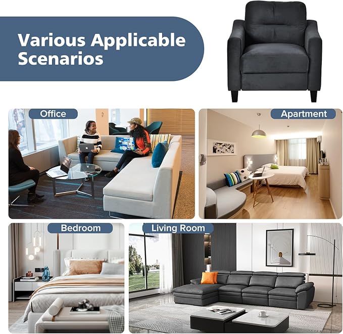 Velvet Upholstered Single Sofa ChairMordern Armchair with Wooden Legs for Living RoomBedroom and Office Black