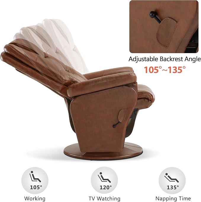 MCombo Swivel Glider Recliner with Ottoman Reclining Chair with Adjustable Back Faux Leather Upholstered Lounge Chair for Living Room Bedroom 4800 (Brown)