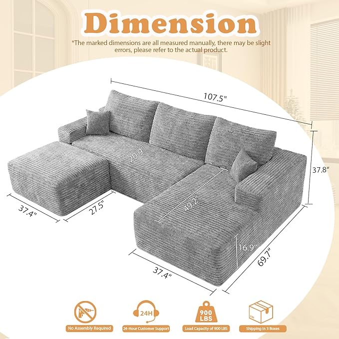 108 Corduroy Sectional Boneless Cloud Couch with Chaise No Assembly Required L Shaped Modular Sectional Sofa Oversized Cozy Fluffy Sofa for Living Room (Grey Right Facing Chaise+Ottoman) | Compre