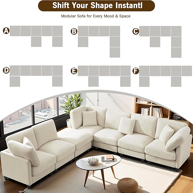 Modular Sectional Sofa Oversized Chenille Cloud Couch with Movable Ottoman 7 Seater Cloud Sectional Couch Convertible L/U-Shape and Sofa Bed Couches for Living Room Beige