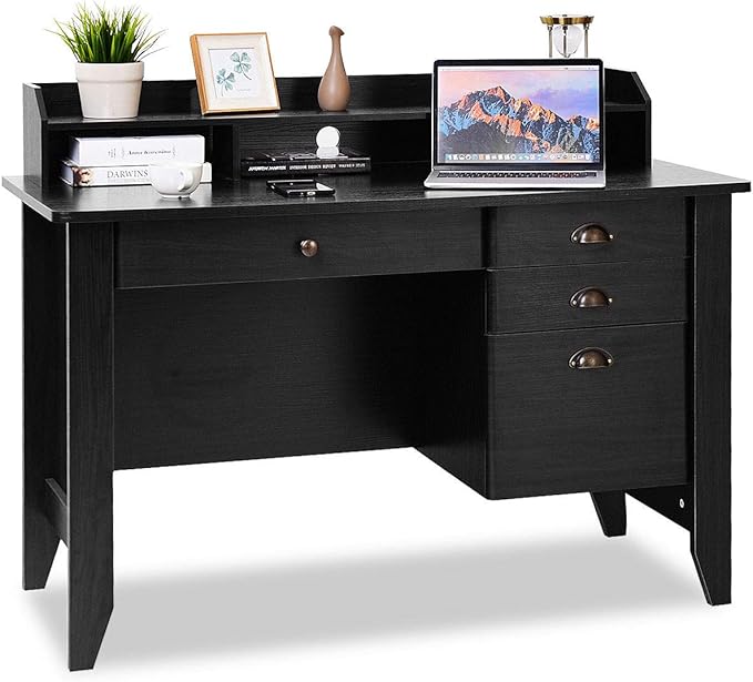 Tangkula Computer Desk with 4 Storage Drawers &amp Hutch Home Office Desk Vintage Desk with Storage Shelves Wooden Executive Desk Writing Study Desk (Black)