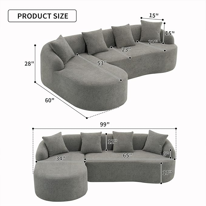 KEIKI L-Shaped Chenille Modular Sectional Couches with Chaise Lounge &amp 4 Pillows 3 Seater Oversized Upholstered Luxury Plush Cloud Sofa for Living Room Apartment Full Sponge Compression