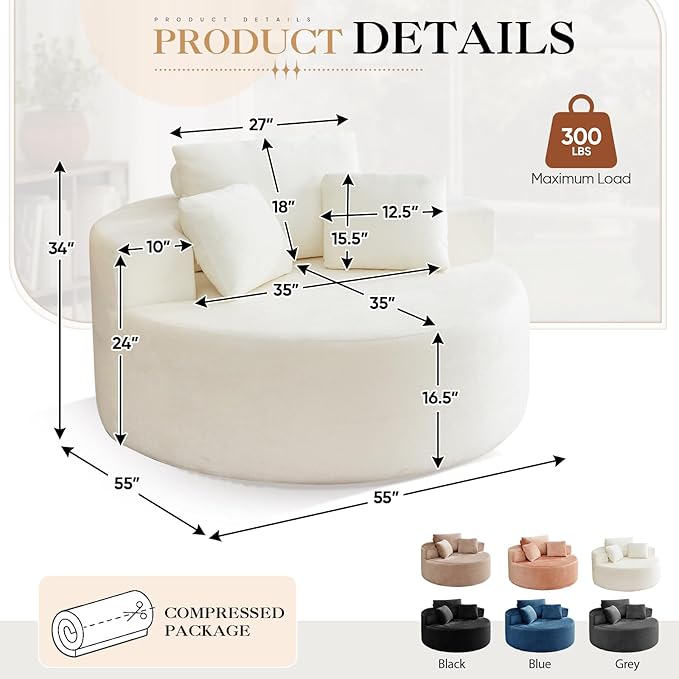 Modern Round Accent Sofa Chair for Living Room Upholstered Soft Terrycloth Barrel Lounge Arm Chair with Large seat&ampThrow Pillows for Bedroom Office Apartment Beige