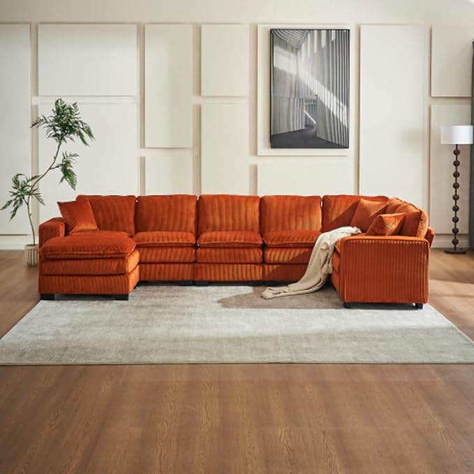 Modern U Shaped 6-seat Sectional Sofa Couch with one Ottoman and Three toss PillowsModular Sofa for Living RoomCorduroy (OrangeCorduroy-7 Seat)