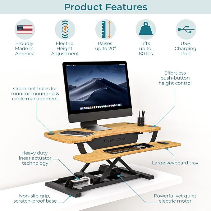 VERSADESK® PowerPro™ 36” x 24” Standing Desk Converter | 36 Inch Electric Height Adjustable Sit to Stand Desk Riser w/Keyboard Tray &amp USB Hub - Ergonomic Workstation for Home &amp Office Bamboo