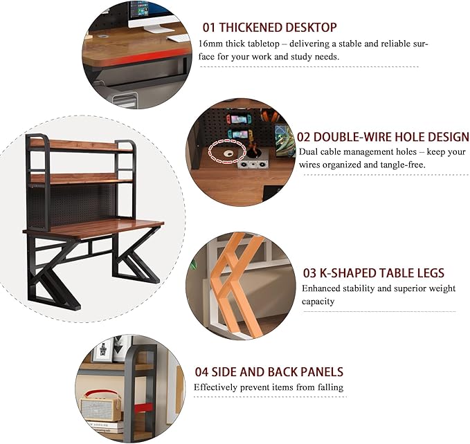 Gaming Desk with Pegboard and Storage Shelves Computer Desk with Home Office Design Modern Office Desk with Spacious Computer Workspace for Home Office and Gaming Setup (Brown 47.2 in)