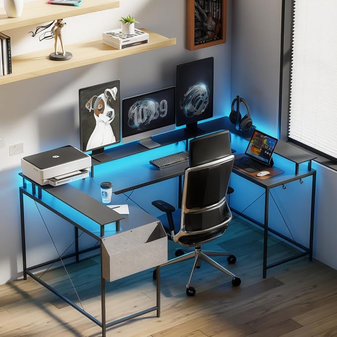U Shaped Desk 79 Reversible L Shaped Desk and Long Gaming Desk with Storage Shelf &amp Power Outlets &amp LED Lights Corner Computer Desk with Monitor Stand and Side Storage Bag for Home Office