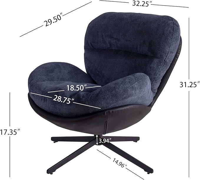 360° Swivel Accent Chair Modern Chenille Lounge Chair with Faux Leather and Black Metal Base Frame Comfortable Reading Chair for Small Spaces Living Room Bedroom Reading Corner Office Navy Blue