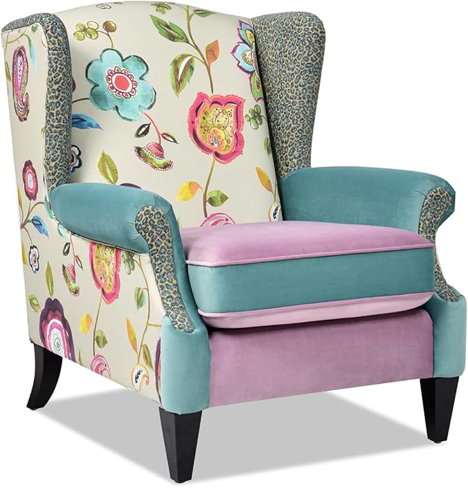 Jennifer Taylor Home Anya Eclectic Floral Patchwork Boho Chic Wingback Large Living Room Lounge Accent Arm Chair