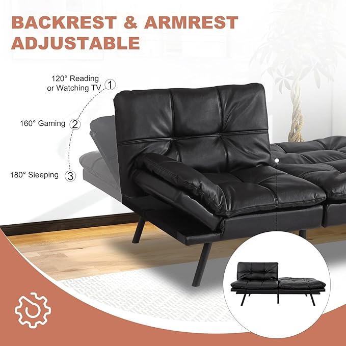 MUUEGM Futon Sofa Bed Couch Convertible Futon Memory Foam Futon Couch Bed Modern Sofa Couch Love Seat Sleeper Sofa for Small SpaceLiving RoomOfficeAdjustable Backrests&ampArmrests SofabedBlack