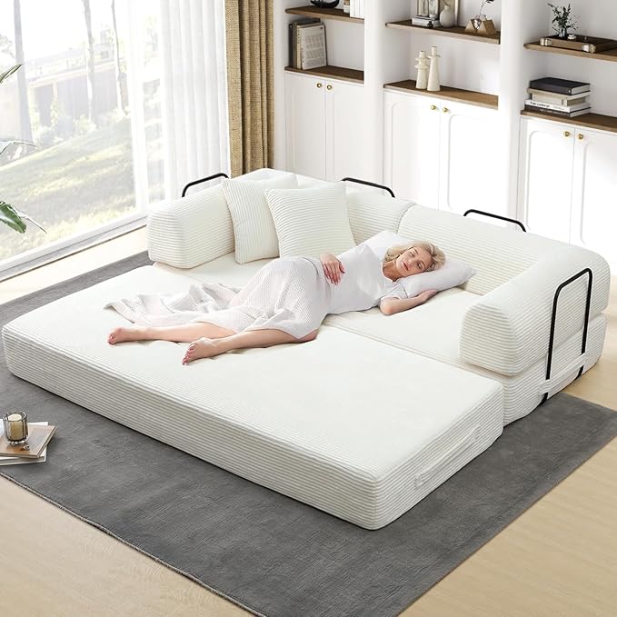 Convertible Folding Sofa Bed Corduroy Sleeper Mattress Couch with Fixed-Shape Frame Free Combination Loveseat Lounge Floor Sofa Queen Size Memory Foam Couch for Living Room Bedroom White