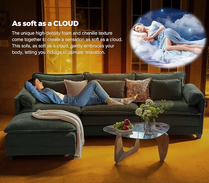 ELUCHANG Oversized 153 Modular Sectional Sofa Comfy Cloud Couch L Shaped Deep Seat Sofa Couches for Living Room 5-Seater Modern Sofa with Movable Ottoman DIY Combination - Chenille Green
